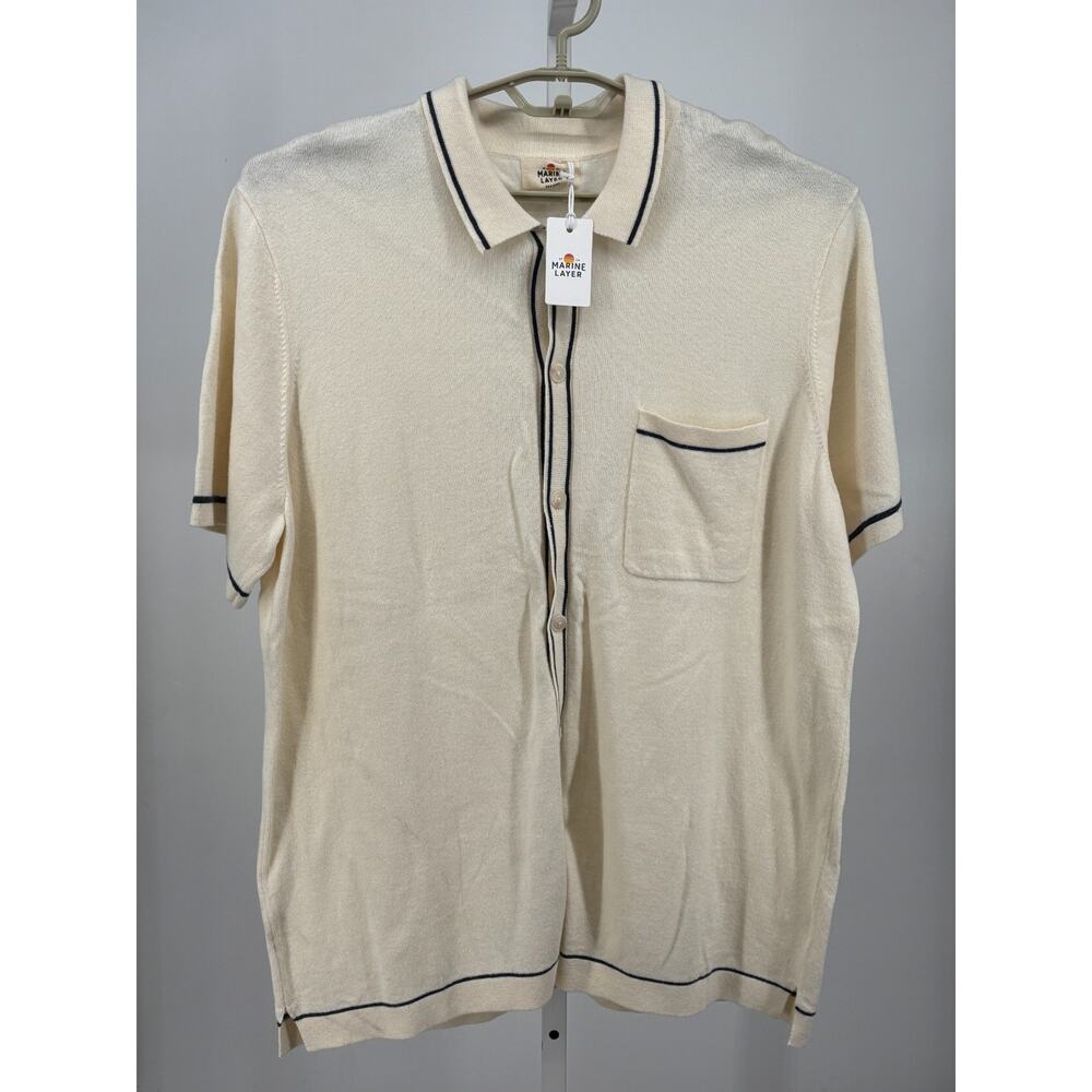 Marine Layer Wyatt Tipped Sweater Polo Mens 2XL Ivory Dark Indigo Cardigan NWT